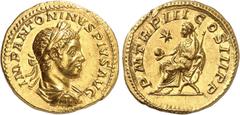 EMPIRE ROMAIN Elagabal 218-222. Aureus 220, Rome. IMP ANTONINVS PIVS AVG Buste lauré, drapé et cuirassé d'Elagabal à droite / P M TR P III COS III P P Elagabal lauré assis à gauche sur une chaise curu