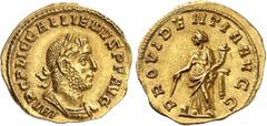 EMPIRE ROMAIN Gallien 253-268. Aureus 255-257, Rome. IMP C P LIC GALLIENVS P F AVG Buste lauré et cuirassé de Gallien à droite / PROVIDENTIA AVGG La Providence debout à gauche tenant une vindicta et u