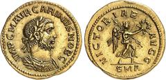EMPIRE ROMAIN Carin César 282-283. Aureus 283, Antioche. IMP C M AVR CARINVS NOB C Buste lauré, drapé et cuirassé de Carin à droite / VICTOR-IAE - AVGG Victoire marchant à droite avec une couronne et 