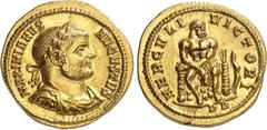 EMPIRE ROMAIN Maximien Hercule 286-310. Aureus 293-294, Rome. MAXIMIANVS - AVGVSTVS Buste lauré, drapé et cuirassé de Maximien à droite / HERCVLI - VICTORI Hercule assis de face sur un rocher et regar