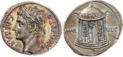 EMPIRE ROMAIN Auguste, 27 av. J.-C. - 14 ap. J.-C. Denier vers 18 av. J.-C, Espagne (Colonia Patricia ?). CAE-SARI – AVGV-STO Tête laurée d'Auguste à gauche / MAR – VLT de part et d'autre du temple de