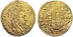 Monete di Zecche Italiane (Da Ancona a Urbino) NAPOLI Filippo II, 1554-1598. Scudo d’oro. Au gr. 3,48 PHILIP REX ANG FR NEAP P Testa nuda del Re volta a d., dietro sigla e sotto fiore. Rv. PRINCE HISP