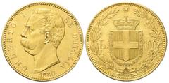 Monete dei Savoia REGNO D'ITALIA Umberto I, 1878-1900. 100 Lire 1880 Roma. Au Dr. Testa del sovrano rivolta a s. Rv. Stemma sabaudo crociato sormontato da corona da cui pende il collare dell'Annunziat