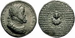 Medaglie Straniere SPAGNA Filippo II, 1556-1598. Medaglia in piombo 1557. gr. 21.04 mm 35 Busto del re a d. corazzato e laureato Rv. Il medaglione col busto di San Quintino di fronte entro lunga legen