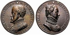 Medaglie Straniere SPAGNA Filippo II, 1556-1598. Medaglia s. data opus G. Poggini di Firenze. Æ gr, 24.34 mm 37 Busto del re a s. drappeggiato e corazzato. Rv. Busto di Anna d’Austria a d., moglie di 