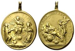 Una collezione di Medaglie Devozionali ROMA Sec. XVIII. Medaglia devozionale ovale con L'Addolorata e i Santi Filippo Benizi, Santa Giuliana Falconieri e San Pellegrino Laziosi. Ag gr. 18,22 mm 57x40 