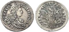 MONETE ITALIANE REGIONALI SICILIA Filippo V, 1701-1713. 4 Tarì 1708. Ar gr. 10,25 PHILIPPUS V DEI GRATIA Busto corazzato con collare del Toson d'Oro pendente a d., veste parruccone. Rv. REX SICILIAE 1