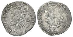 Monete italiane NAPOLI Filippo II di Spagna, Re di Napoli e di Sicilia 1554-1598. Tari. Ag gr. 5,42 Dr. PHILIP R ANG FRAN NEP H. Busto corazzato a s., con colletto aperto; dietro la nuca, IBR. Rv. REX