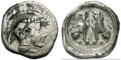 GRIECHISCHE MÜNZEN LYKIEN TLOS Stater, 425 - 360. Kopf der Athena mit attischem Helm mit Helmbusch nach rechts. Rs: Antithetische Löwen, je eine Vordertatze erhoben, Perlkreis und rundes Incusum. SNG 