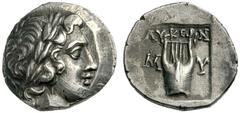 GRIECHISCHE MÜNZEN LYKIEN LYKISCHE LIGA Drachme, Ende 2. Jh., Myra. Kopf des Apollon mit Lorbeerkranz nach rechts. Rs: ΛYKIΩN. Lyra in Quadratum incusum, links und rechts M - Y. Troxell 28,1. 3,05g. S