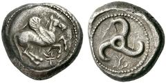 GRIECHISCHE MÜNZEN DYNASTEN VON LYKIEN Unbestimmter Dynast Stater, circa 500 - 440. Pegasos auf Schild nach rechts, zwischen den Beinen Monogramm. Perlkreis. Rs: Triskeles, darunter Monogramm. Perlkre