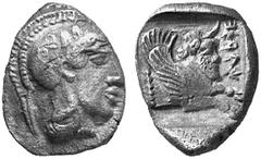 GRIECHISCHE MüNZEN DYNASTEN VON LYKIEN KHEREI No.: 156 Schätzpreis-Estimation: DM 1000,- Hemidrachmon, ca. 440 - 410, unbestimmte Münzstätte. Kopf der Athena mit attischem Helm, verziert mit ölblätter