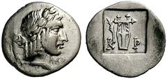 GRIECHISCHE MÜNZEN LYKIEN KRAGOS Hemidrachme, 1. Jh. Kopf des Apollon mit gedrehten Locken, Lorbeerkranz und Tänie nach rechts, hinter dem Rücken Köcher sichtbar. Rs: K - P, dazwischen Lyra, links im 