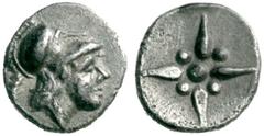 GRIECHISCHE MÜNZEN LYKIEN UNBESTIMMTE MÜNZSTÄTTEN Hemiobol, 5. Jh. Kopf der Athena mit korinthischem Helm nach rechts. Rs: Blütenornament. Vgl. Hauck & Aufhäuser, Auktion 17 (18.- 19. März 2003) Nr. 4