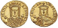 BYZANTINISCHE MÜNZEN IRENE und CONSTANTINUS VI. (780-797) Solidus, Constantinopolis, 792-797. IRINH - AΓOVSTI, Irene en face mit bekreuzter Zackenkrone (4 Zacken!) und Pendilien, im Loros, in der Rech