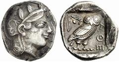GRIECHISCHE MÜNZEN ATTIKA ATHEN Tetradrachme, 460 - 439 (Zeit des Perikles). Kopf der Athena im attischen Helm mit Lorbeerkranz nach rechts. Rs: AQE. Eule nach rechts, dahinter Olivenzweig mit Frucht 