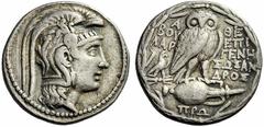GRIECHISCHE MÜNZEN ATTIKA ATHEN Tetradrachme des 'Neuen Stils', 186 - 86, Beamte Epigenes und Sosandros. Kopf des Kultbildes der Athena Parthenos im reichverzierten attischen Helm nach rechts. Rs: A-Q