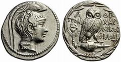 GRIECHISCHE MÜNZEN ATTIKA ATHEN Tetradrachme des 'Neuen Stils', 165/64, Beamte Polycharmos, Nikog... und Philodo... Kopf des Kultbildes der Athena Parthenos im reichverzierten attischen Helm nach rech