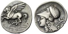 GRIECHISCHE MÜNZEN KORINTH Stater, 386 - 307. Pegasos mit reichverzierten Flügeln nach links fliegend, unter der Brust Koppa. Rs: Kopf der Athena im korinthischen Helm, der mit einem Lorbeerkranz gesc