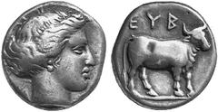 EUBOIISCHE LIGA No.: 6 Schätzpreis-Estimation: EUR 5000.- d=26 mm Tetradrachmon, ca. 357-338 v.Chr. Kopf der Nymphe Euboia mit eingerolltem Haar rechts. Rs: EYB. Kuh auf Abschnittlinie nach rechts ste