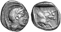 GRIECHISCHE MüNZEN DYNASTEN VON LYKIEN No.: 226 Schätzpreis-Estimation: EUR 500,- d=16 mm KHEREI (ca. 440 - 410). Drachme, Xanthos (?). Kopf der Athena mit attischem, ölzweig- und palmettenverziertem 