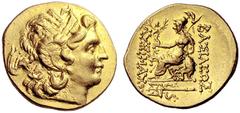 GRIECHISCHE MÜNZEN KÖNIGREICH PONTUS MITHRADATES VI. EUPATOR (circa 120 - 63) Gold-Stater im Namen des Lysimachos, circa 88 - 86, Byzantion. Kopf des vergöttlichten Lysimachos als Zeus Ammon mit Diade