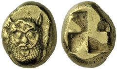 GRIECHISCHE MÜNZEN MYSIEN KYZIKOS EL-Hekte, 500 - 450. Maske eines kahlköpfigen Silens mit geperltem Bart und Pferdeohren in Vorderansicht. Rs: Quadratum incusum in 'Windmühlenflügel'-Form. Greenwell 