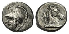 RÖMISCHE MÜNZEN REPUBLIK AES GRAVE LATIUM ROM. Didrachme, circa 310 - 300, Münzstätte wohl Neapolis. Kopf des Ares im korinthischen Helm nach links. Rs: Aufgezäumter Pferdekopf nach rechts, dahinter K