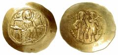 BYZANTINISCHE MÜNZEN ISAAC II. ANGELUS (1185-1195) Elektron Aspron Trachy, Constantinopolis. Die Jungfrau Maria mit Nimbus en face auf Thron sitzend, Pallium und Maphorium tragend, Christusbüste mit N
