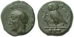 GRIECHISCHE MÜNZEN SIZILIEN KAMARINA Tetras, 420 - 405. Kopf der Athena im attischen Helm nach links. Rs: KAMA, Eule sitzend nach links, Kopf en face, links im Feld Eidechse und N, in exergue: drei Ku
