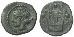 GRIECHISCHE MÜNZEN SIZILIEN KATANE Tetras, circa 415 - 412. Belorbeerter Kopf des Apoll nach links, Perlkreis. Rs: Kithara, darum herum drei Wertkugeln, zu den Seiten K - A. HGC 2-594, SNG Copenhagen 