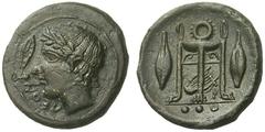 GRIECHISCHE MÜNZEN SIZILIEN LEONTINI Tetras, 405 - 402. ΛEON, Apollokopf mit Lorbeerkranz nach links, davor Lorbeerblatt. Rs: Dreifuß mit in Löwentatzen endenden Beinen, dazwischen Lyra und Plektron, 