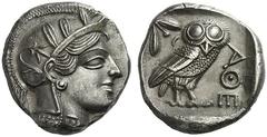 GRIECHISCHE MÜNZEN ATTIKA ATHEN Tetradrachme, vor 407. Kopf der Athena im attischen Helm mit Halskette und Scheibenohrring nach rechts, auf der Helmkalotte Lotusblüte und drei Lorbeerblätter. Rs: AΘE,