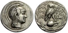 GRIECHISCHE MÜNZEN ATTIKA ATHEN Tyrann Lachares (296 - 295). Tetradrachme, Magistrate Mikion und Theophrastos, 169/168. Kopf der Athena mit attischem Helm nach rechts, Perlkreis. Rs: A-ΘE, Eule auf Am