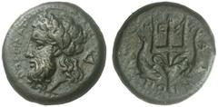 GRIECHISCHE MÜNZEN SIZILIEN MESSANA Tetras, 357 - 287. POSEIDAN, Kopf des Poseidon mit Lorbeerkranz nach links. Rs: M-E-S-S-A-NI-ON, Dreizack zwischen zwei nach unten schwimmenden Delphinen. Calciati 
