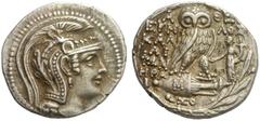 GRIECHISCHE MÜNZEN ATTIKA ATHEN Tetradrachme, 140 - 139, Magistrate Eumelos, Kalliphon und Hera(...). Kopf der Athena mit attischem Helm nach rechts. Rs: A-QE, Eule auf Amphora, Magistrate: EYMH - LOS