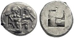 GRIECHISCHE MÜNZEN INSELN VOR THRAKIEN THASOS (THASIOI IN METHONE) 1/3 Stater, vor 500 v. Chr. Satyr, eine Nymphe raubend, im Knielauf nach rechts. Rs: Quadratum Incusum. Le Rider Thasiennes 3, HGC 6,