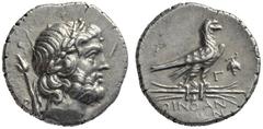 GRIECHISCHE MÜNZEN LYKIEN OINOANDA Didrachme, 186-185 (Jahr 3). Kopf der Zeus mit Lorbeerkranz nach rechts, über der Schulter lotusbekröntes Szepter, dahinter B. Rs: OINOAN / ΔEΩN, Adler auf geflügelt