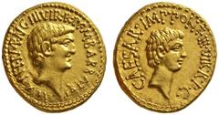 RÖMISCHE MÜNZEN REPUBLIK MARCUS ANTONIUS und OCTAVIAN Aureus, 41, Athen, M. Marcus Antonius und M. Barbatus. M ·ANT ·IMP ·AVG ·IIIVIR ·R ·P C M BARBAT Q P, Portraitkopf des Marc Anton nach rechts. Rs: