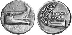 GRIECHISCHE MüNZEN LYKIEN PHASELIS No.: 375 Schätzpreis-Estimation: EUR 300,- d=21 mm Stater, ca. 250-220. Schiffsprora mit Rammsporn rechts, im Feld unten Muschel (?). Rs: EUKPATID[AS] / FASH. Schiff