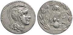 GRIECHISCHE MÜNZEN ATTIKA ATHEN Tetradrachme, um 154/153 v. Chr. Kopf der Athena mit attischem Helm nach rechts. Der Helm ist mit Pegasos verziert. Rs: A - ΘE. Eule auf Amphora sitzend im Lorbeerkranz