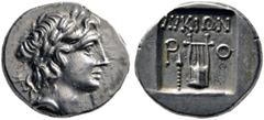 GRIECHISCHE MÜNZEN LYKIEN LYKISCHER BUND Drachme, 167 - 81, Rhodiapolis. Kopf des Apoll mit Lorberkranz und Köcher und Bogen über der Schulter nach rechts. Rs: ΛYKIΩN, Kithara zwischen P - O, links un