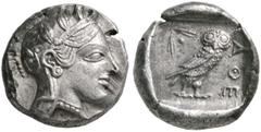 GRIECHISCHE MÜNZEN ATTIKA. ATHEN. Drachm, 460-440. Head of Athena right wearing crested Attic helmet decorated with olive leaves and palmette. Rev: AΘE. Owl standing right, head facing, elongated body