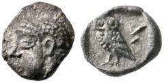 GRIECHISCHE MÜNZEN JUDÄA. ASCALON (?). Tetartemorion, circa 5th century BC. Head of Apollo left. Rev: Owl standing left, head facing; M to right. Apparently unpublished. Cf. Classical Numismatic Group