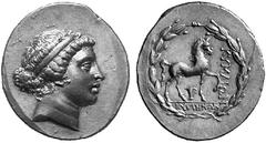 GRIECHISCHE MüNZEN AIOLIS KYME No: 308 Schätzpreis/Estimation DM 900,- d=36 mm Tetradrachmon, um 160. Kopf der Amazone Kyme mit Haarband rechts. Rs: KYMAIWN / EYKTHMWN. Pferd nach rechts schreitend, d