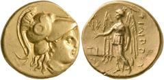 GRIECHISCHE MÜNZEN KÖNIGREICH MAKEDONIEN. PHILIP III. ARRHIDAIOS (323-317). Gold Stater. Sardes mint. Struck under Menander or Kleitos, 322-319/8. Helmeted head of Athena right. Rev: FILIPPOU. Nike st