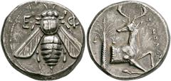 GRIECHISCHE MÜNZEN IONIEN. EPHESOS. Tetradrachm, 370-360. Magistrate Timolas. E-F. Bee. Rev: TIMOLAS. Forepart of stag to right, head reverted; palm tree in left field. Cf S. 4372, Coin Hoards CH IX, 