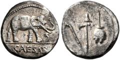 RÖMISCHE MÜNZEN REPUBLIK. C. IULIUS CAESAR. Denar, 49 - 48 v. Chr., mobile Feldmünzstätte Caesars. Elefant mit erhobenem Rüssel auf Standlinie nach rechts schreitend, dabei mit dem rechten Fuß auf Sch