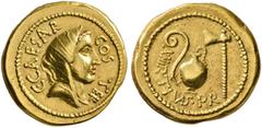 RÖMISCHE MÜNZEN REPUBLIK. C. IULIUS CAESAR. C. IULIUS CAESAR und AULUS HIRTIUS. Aureus, 46 v. Chr., Rom. C·CAESAR - COS TER. Kopf der Vesta mit über den Hinterkopf gezogenem Schleier und Diadem nach r