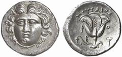 MüNZEN VON KARIEN / Sammlung Karl PSEUDO-RHODISCHE PRäGUNGEN KARIEN ODER LYKIEN No.: 827 Schätzpreis-Estimate: EUR 200,- d=16 mm Drachme, 175-170 v.Chr. Kopf des Helios en face, leicht nach links gewa